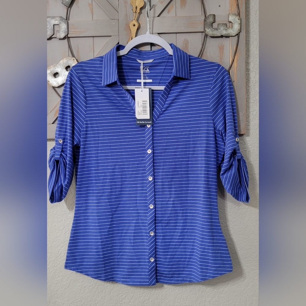 Cutter & Buck Women's Stripes  Blue Elbow Sleeve Size Blouse  Small NWT